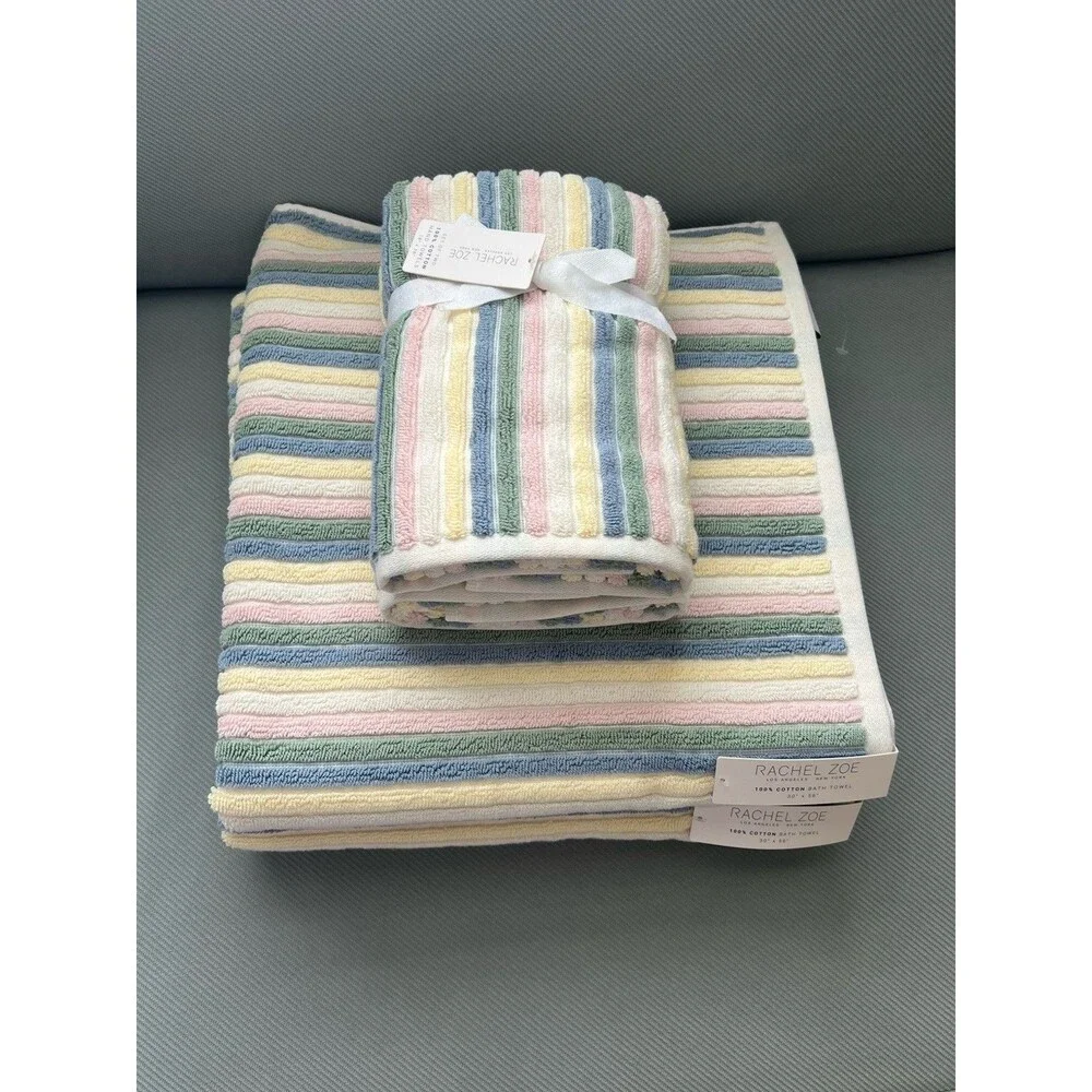 Rachel Zoe Pastel Rainbow Stripes 2 Bath 2 Hand Towels 4 pc Set 100% Cotton New